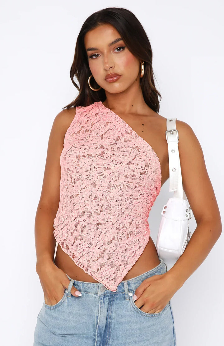 Elegante top monospalla da donna in pizzo con motivo floreale e fondo asimmetrico alla moda