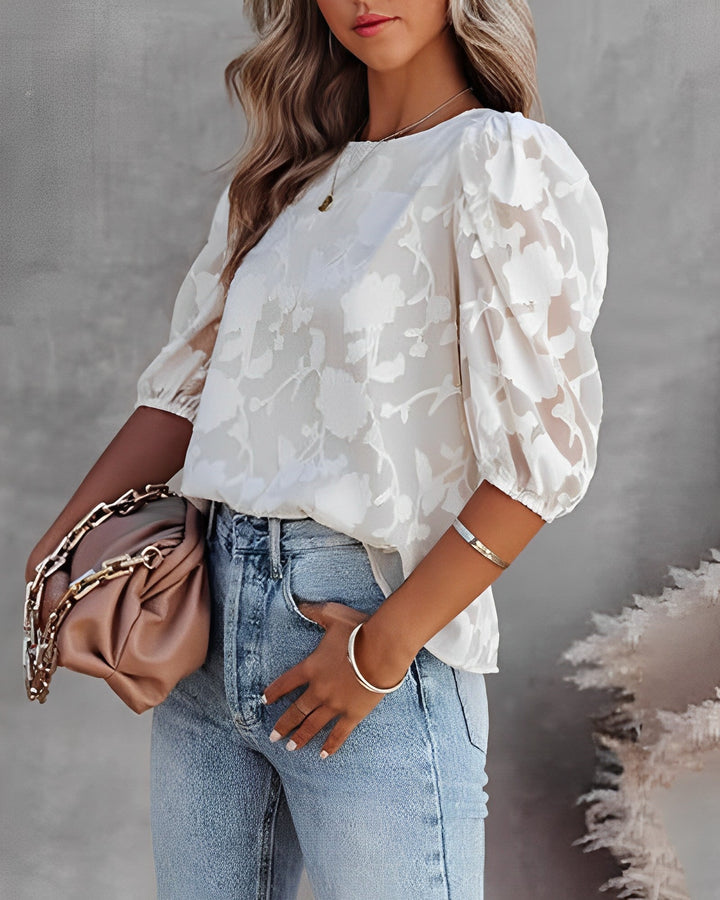 Elegante top in chiffon con motivo floreale e maniche a bolle adorabilmente divertenti