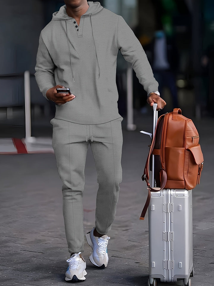 Set tuta da uomo con comoda felpa con cappuccio con colletto abbottonato e pratiche tasche - moderne scarpe da corsa con cordino per un comfort totale
