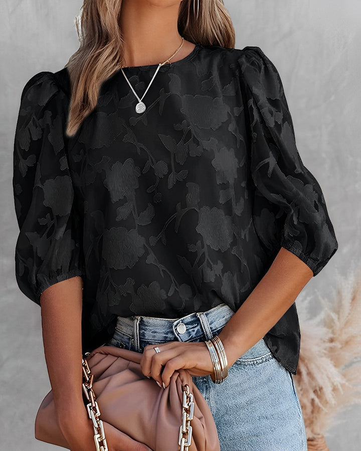 Elegante top in chiffon con motivo floreale e maniche a bolle adorabilmente divertenti