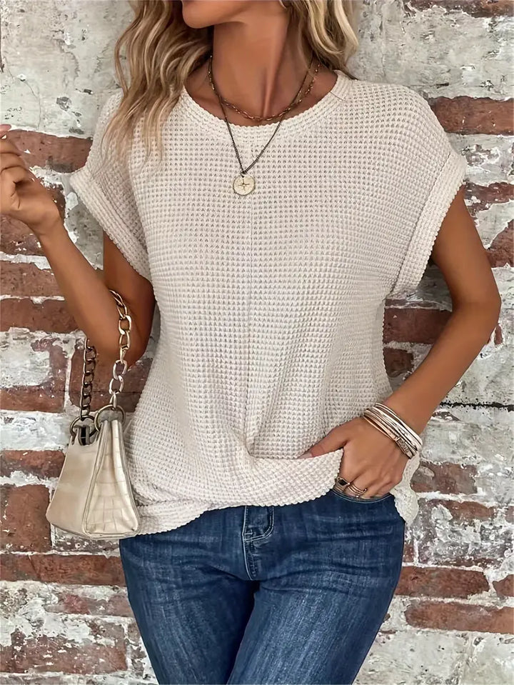 Top da donna in maglia con motivo waffle - vestibilità comoda e ampia, scollo rotondo e stile casual rilassato