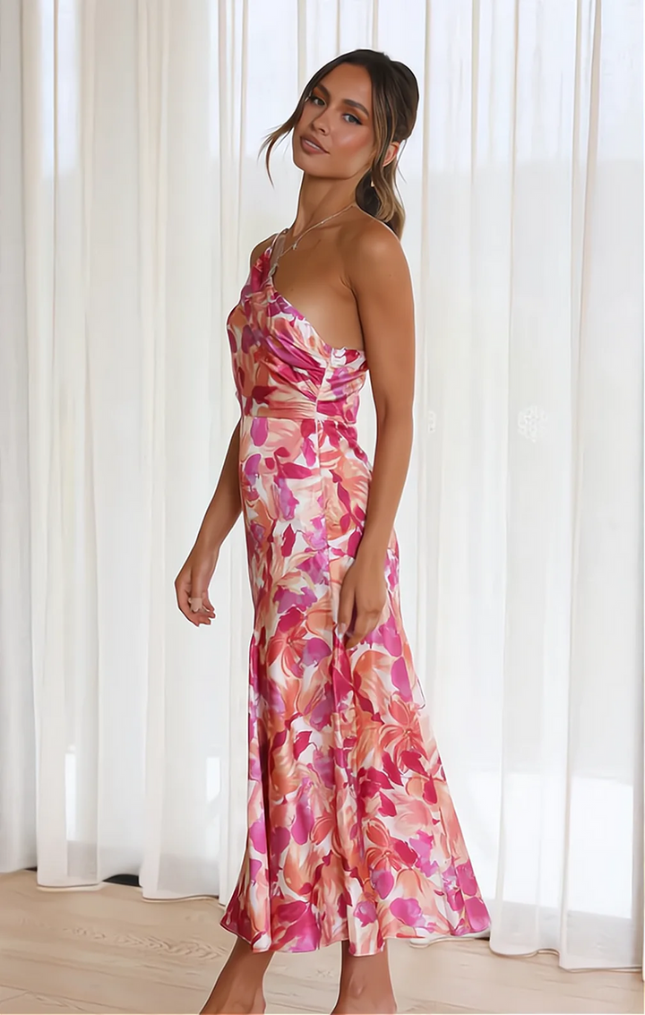 Aveline - Elegante abito midi asimmetrico con motivo floreale per un'occasione unica ed elegante