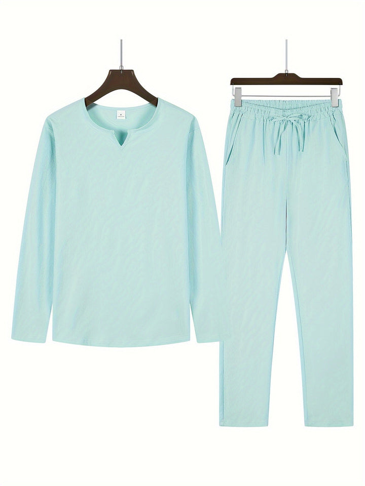 Elegante set da uomo con scollo a punta, polsini lunghi e comodi pantaloni larghi