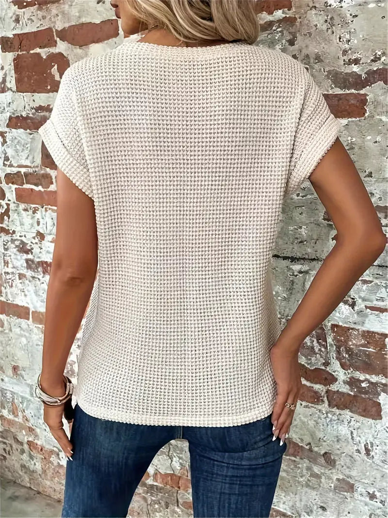 Top da donna in maglia con motivo waffle - vestibilità comoda e ampia, scollo rotondo e stile casual rilassato