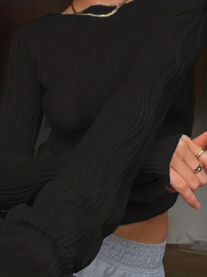 Elegante felpa regolabile da donna con un sorprendente motivo a texture 3D, collo alto e polsini lunghi elasticizzati