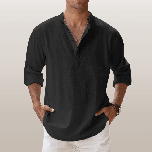 Camicia Henley elegante da uomo in misto lino - manica lunga, comoda vestibilità regolare per tutti i giorni
