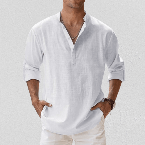 Camicia Henley elegante da uomo in misto lino - manica lunga, comoda vestibilità regolare per tutti i giorni