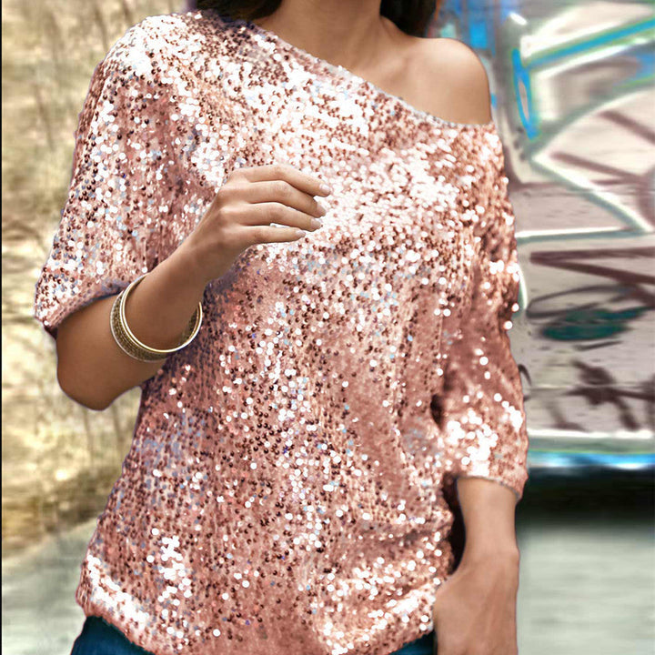 Top da donna in paillettes con spalle scoperte - elegante, vestibilità ampia con maniche medie alla moda per un evento speciale