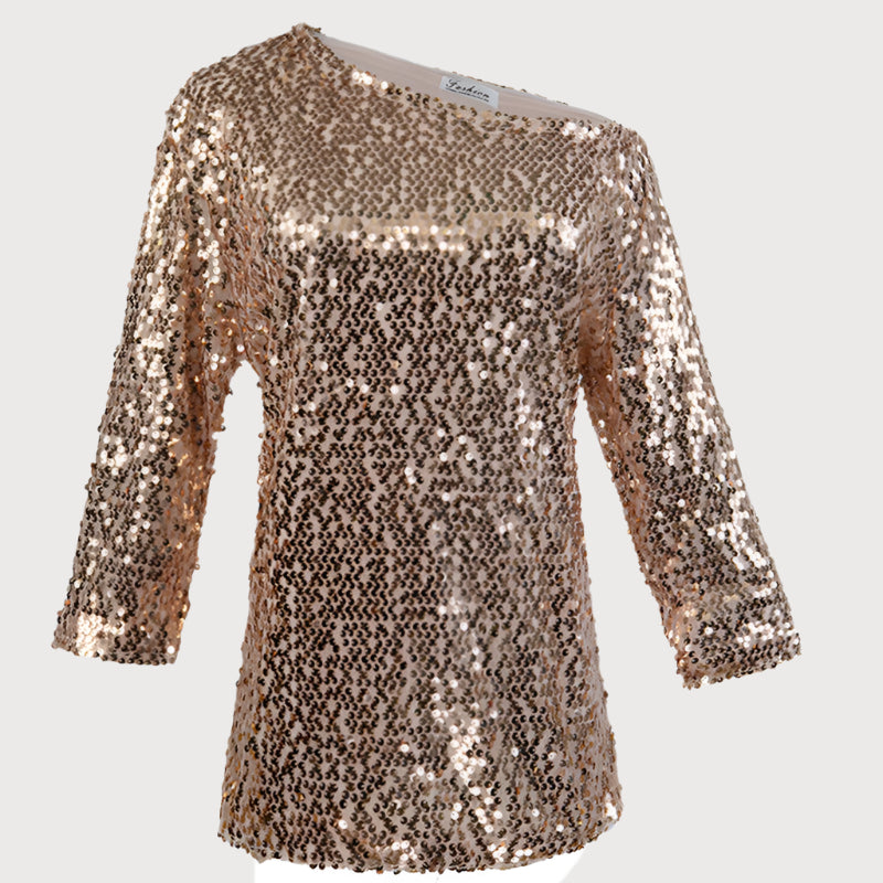 Top da donna in paillettes con spalle scoperte - elegante, vestibilità ampia con maniche medie alla moda per un evento speciale