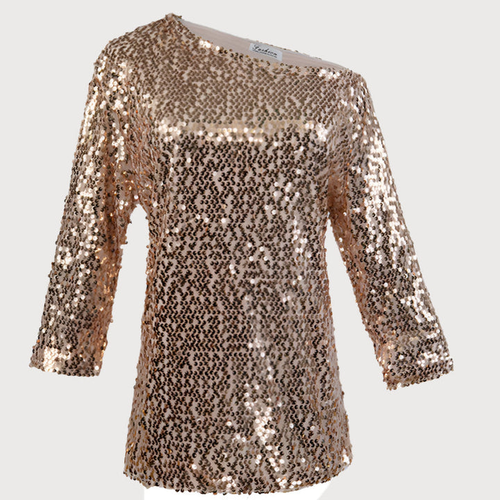 Top da donna in paillettes con spalle scoperte - elegante, vestibilità ampia con maniche medie alla moda per un evento speciale