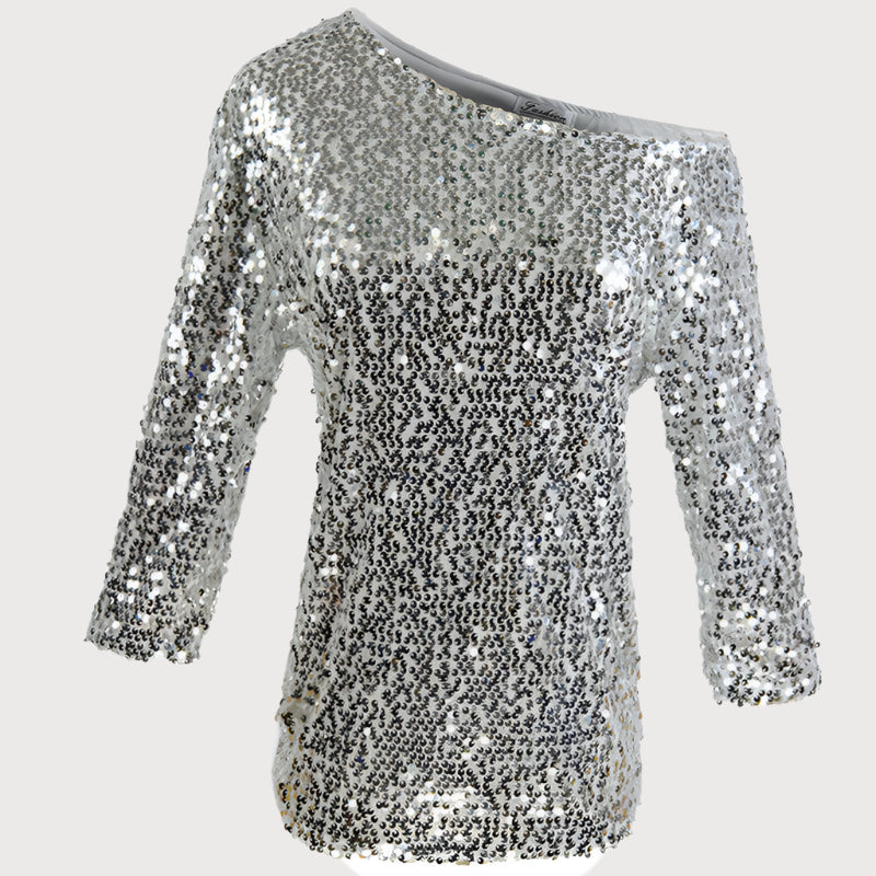 Top da donna in paillettes con spalle scoperte - elegante, vestibilità ampia con maniche medie alla moda per un evento speciale