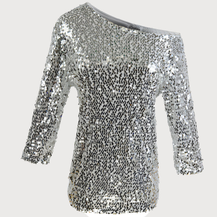 Top da donna in paillettes con spalle scoperte - elegante, vestibilità ampia con maniche medie alla moda per un evento speciale