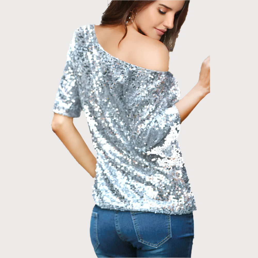 Top da donna in paillettes con spalle scoperte - elegante, vestibilità ampia con maniche medie alla moda per un evento speciale