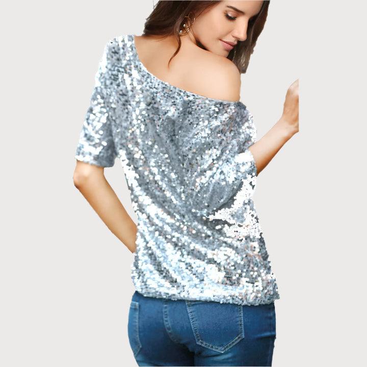 Top da donna in paillettes con spalle scoperte - elegante, vestibilità ampia con maniche medie alla moda per un evento speciale