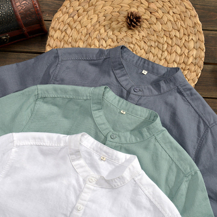 Camisa casual da uomo in lino con manga, collo a mandorla e vestibilità comoda con bottoni