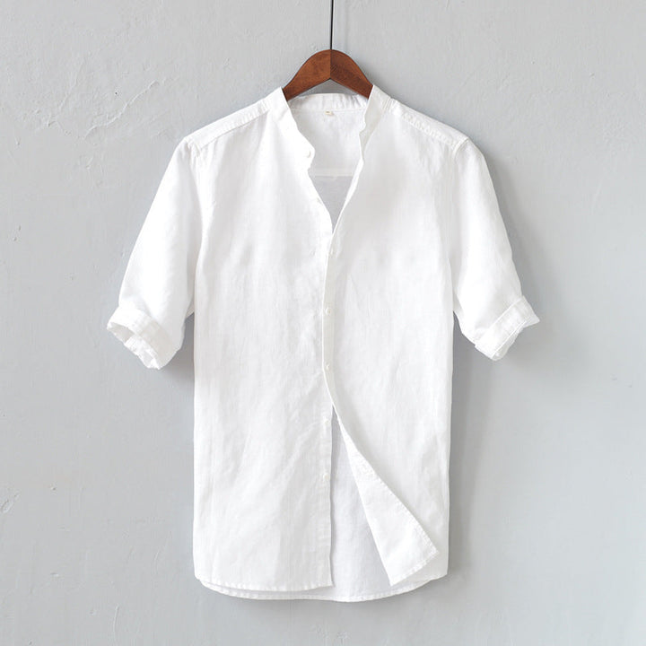 Camisa casual da uomo in lino con manga, collo a mandorla e vestibilità comoda con bottoni