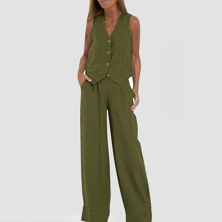 Abito elegante da donna senza maniche in lino con pantaloni coordinati