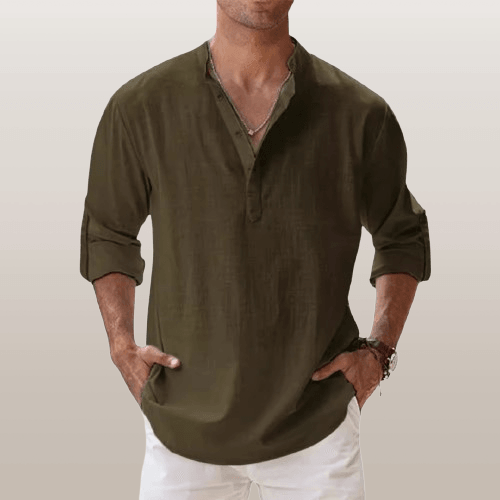 Camicia Henley elegante da uomo in misto lino - manica lunga, comoda vestibilità regolare per tutti i giorni