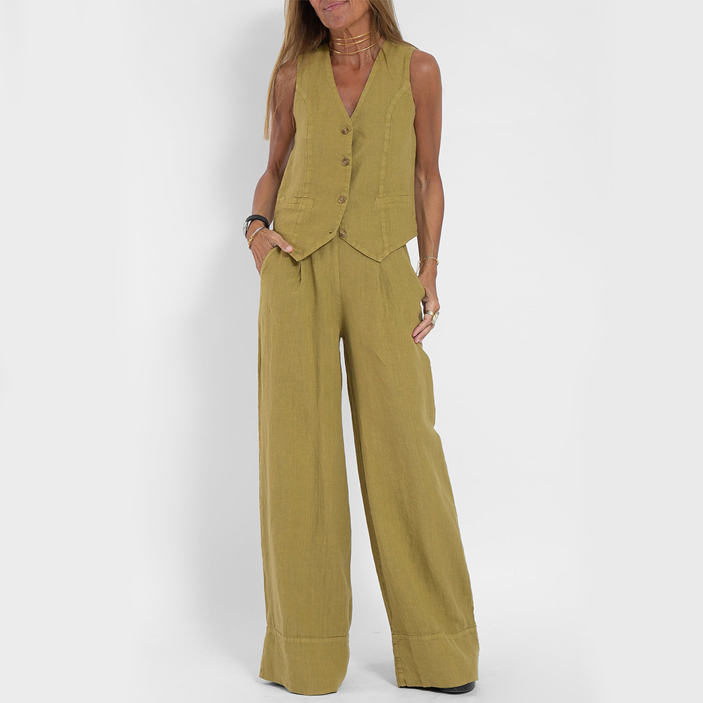 Abito elegante da donna senza maniche in lino con pantaloni coordinati