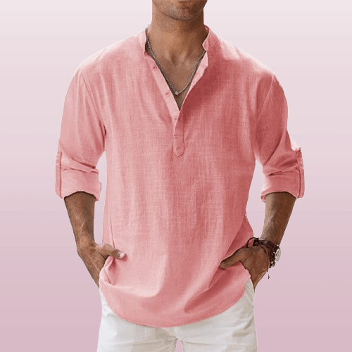 Camicia Henley elegante da uomo in misto lino - manica lunga, comoda vestibilità regolare per tutti i giorni