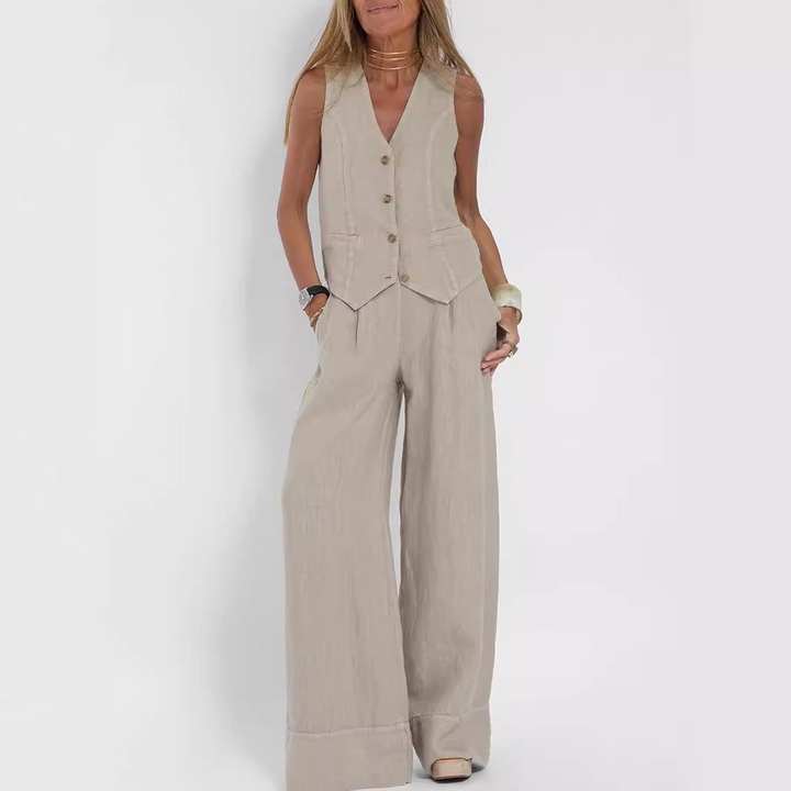 Abito elegante da donna senza maniche in lino con pantaloni coordinati