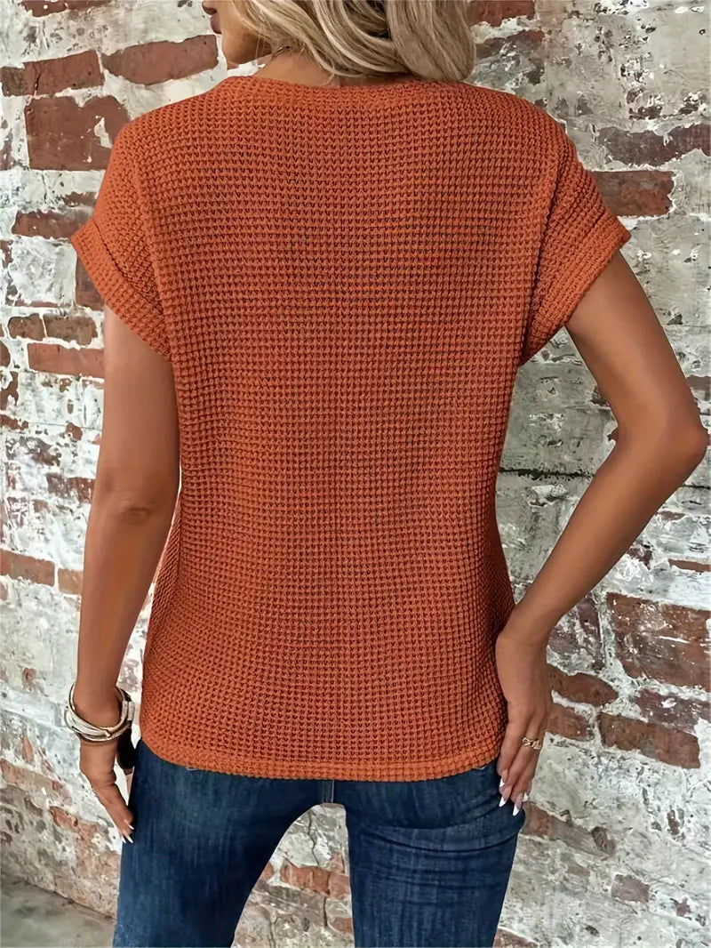 Top da donna in maglia con motivo waffle - vestibilità comoda e ampia, scollo rotondo e stile casual rilassato
