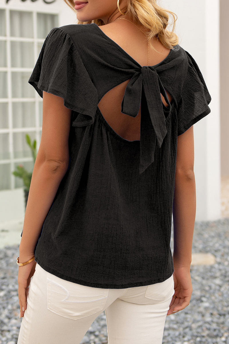 Elegante blusa da donna con maniche corte ed elegante tessuto arricciato - comoda vestibilità ampia e classica scollatura rotonda