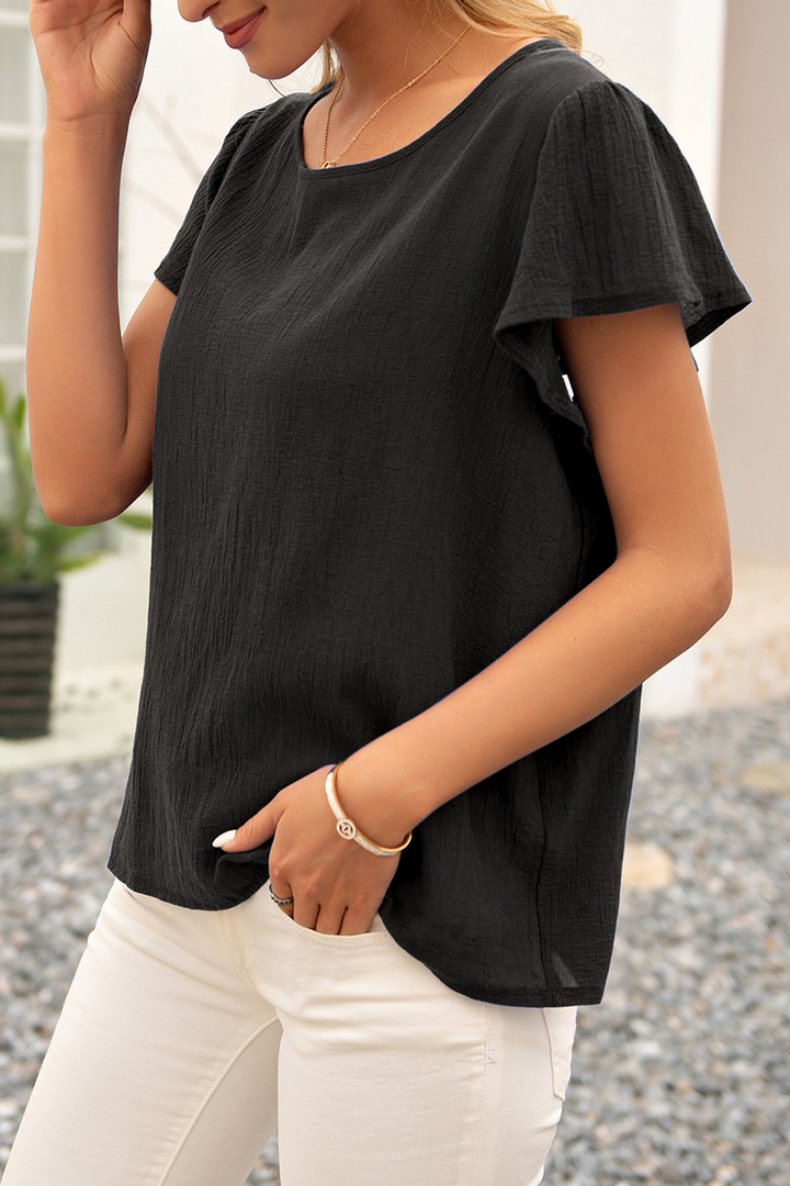 Elegante blusa da donna con maniche corte ed elegante tessuto arricciato - comoda vestibilità ampia e classica scollatura rotonda