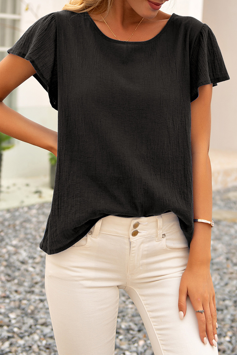 Elegante blusa da donna con maniche corte ed elegante tessuto arricciato - comoda vestibilità ampia e classica scollatura rotonda