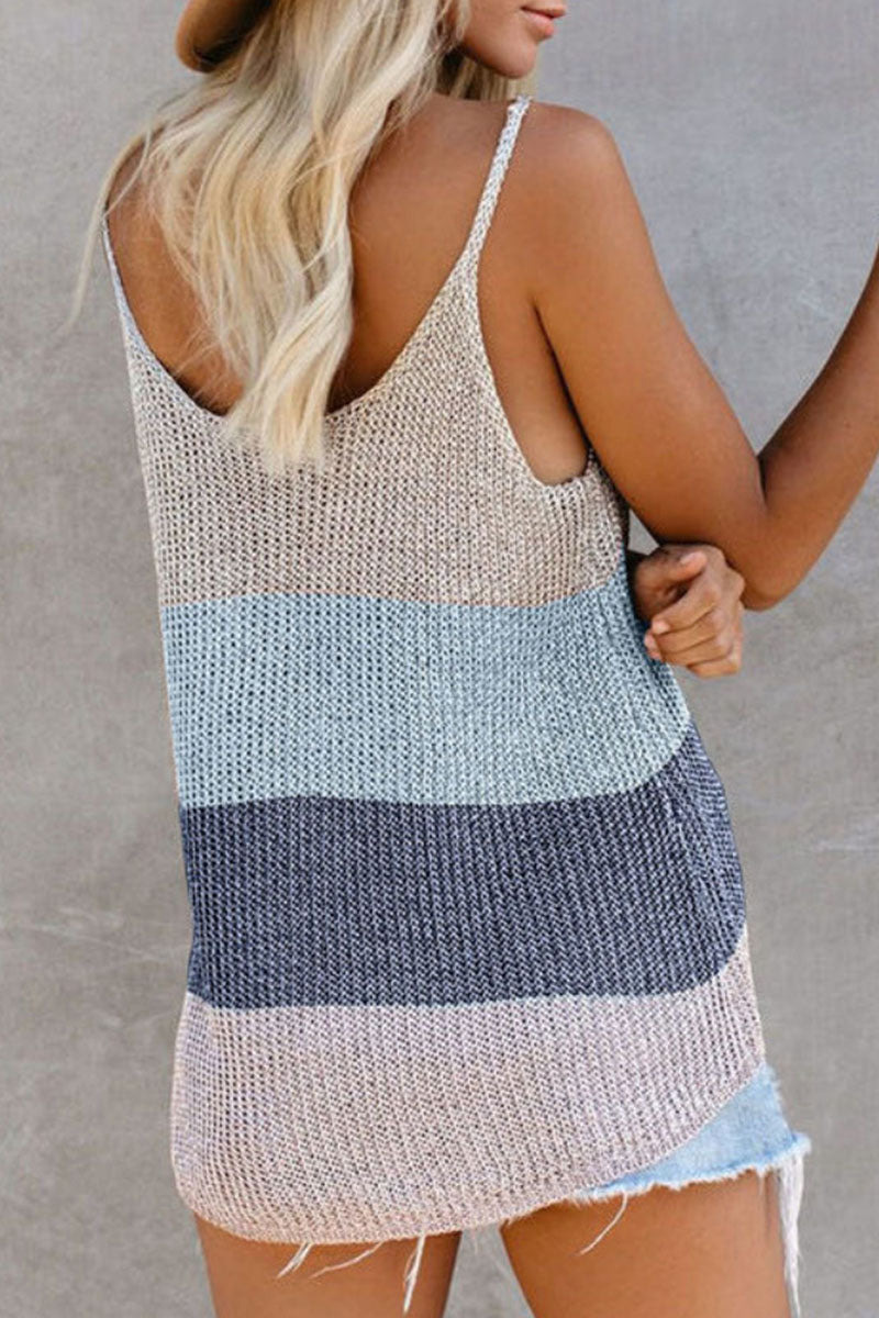 Elegante blusa senza maniche con inserti in tricot e colletto a U per donna