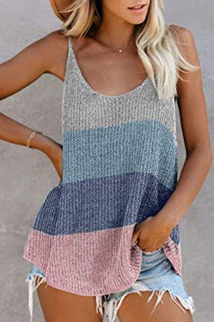Elegante blusa senza maniche con inserti in tricot e colletto a U per donna