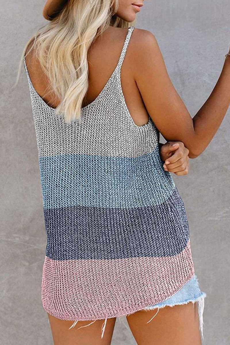 Elegante blusa senza maniche con inserti in tricot e colletto a U per donna