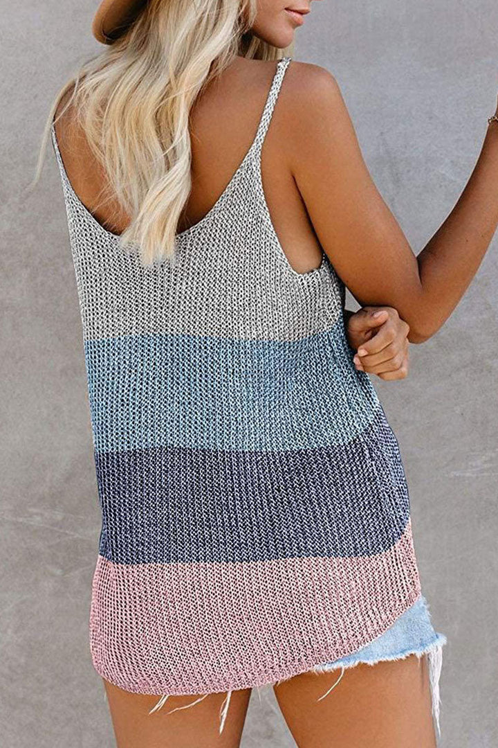 Elegante blusa senza maniche con inserti in tricot e colletto a U per donna