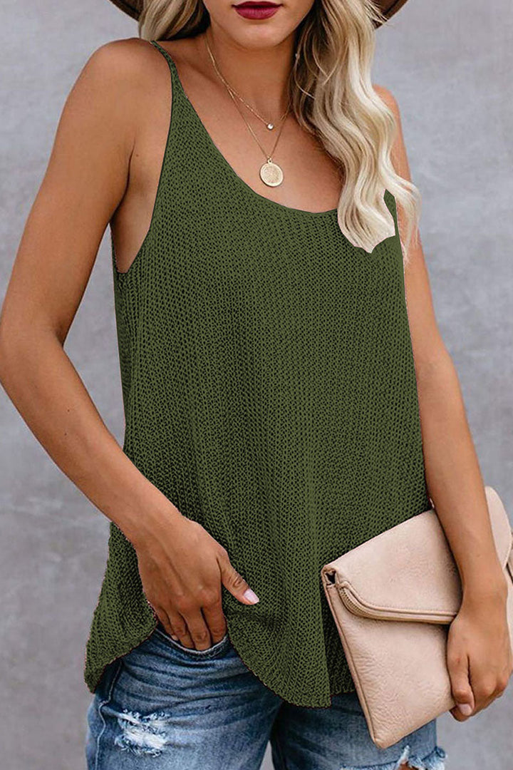 Elegante blusa senza maniche con inserti in tricot e colletto a U per donna