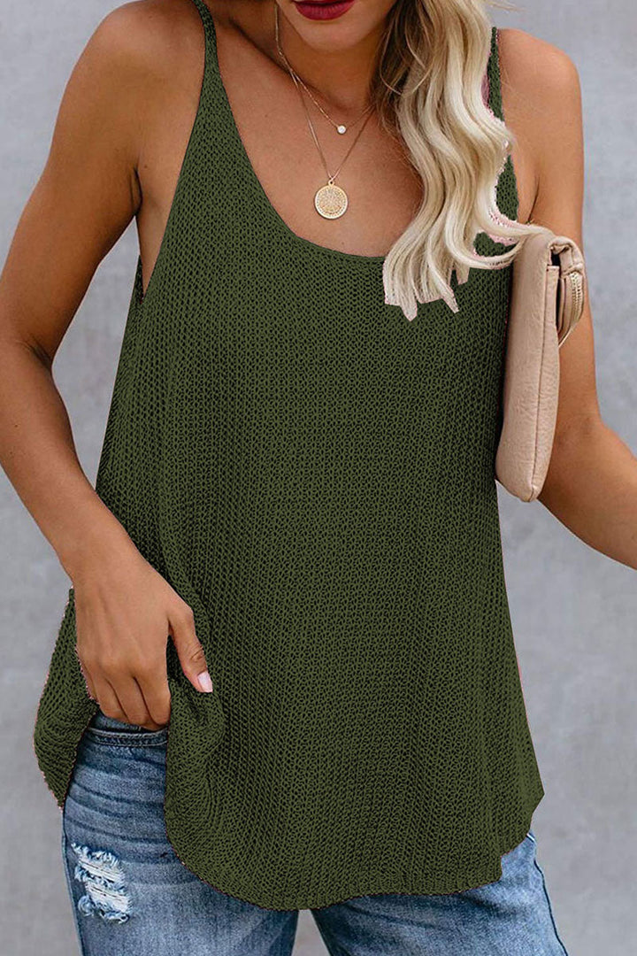 Elegante blusa senza maniche con inserti in tricot e colletto a U per donna