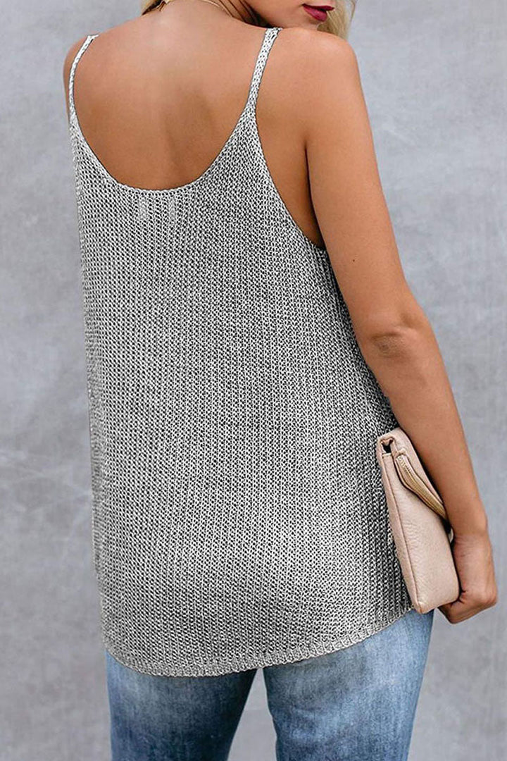 Elegante blusa senza maniche con inserti in tricot e colletto a U per donna