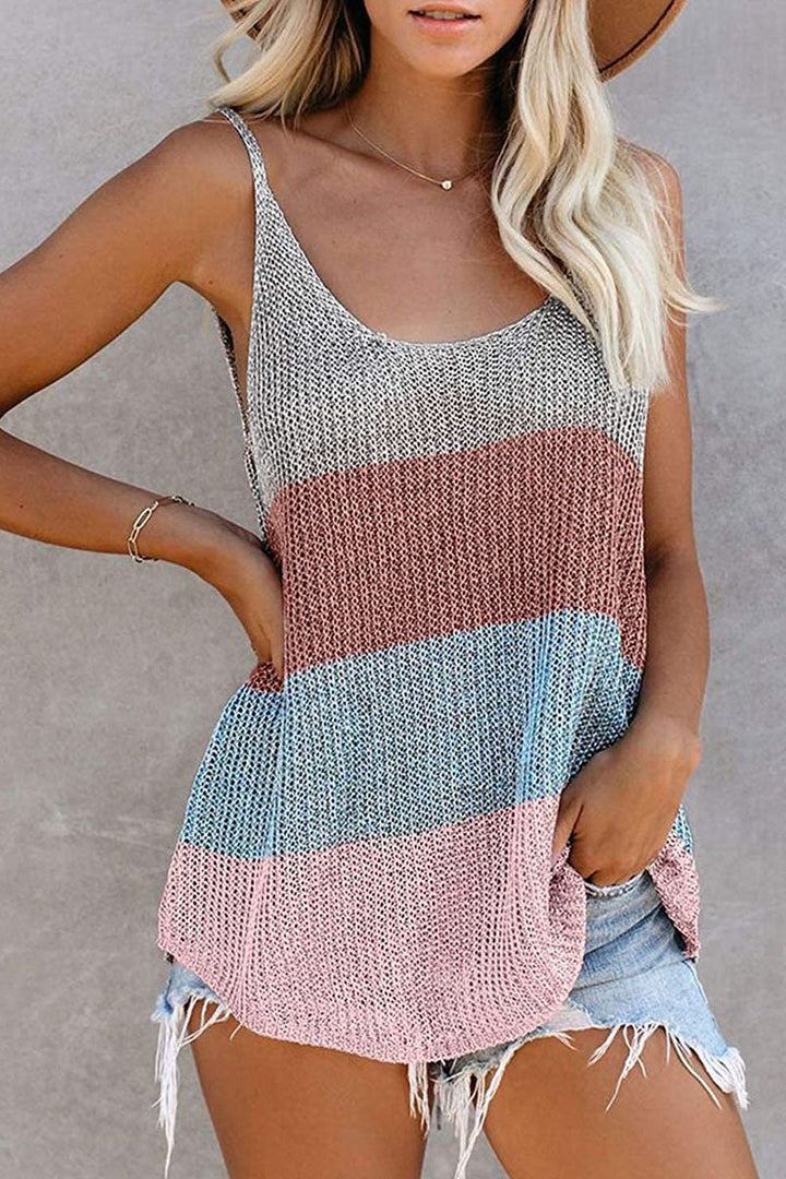 Elegante blusa senza maniche con inserti in tricot e colletto a U per donna