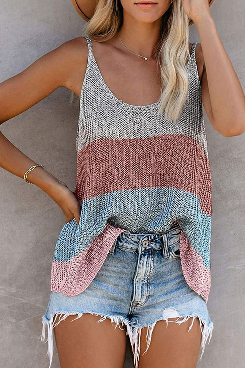 Elegante blusa senza maniche con inserti in tricot e colletto a U per donna