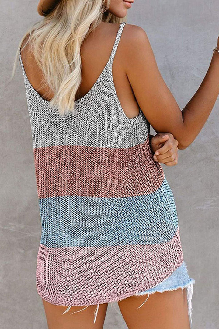Elegante blusa senza maniche con inserti in tricot e colletto a U per donna
