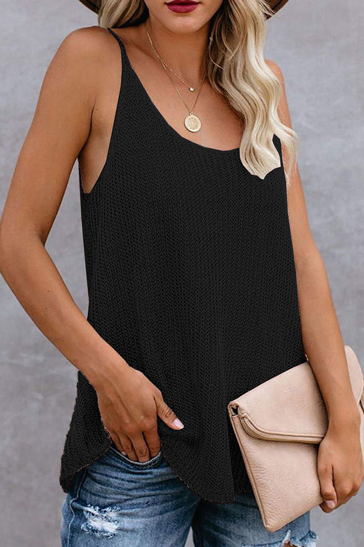 Elegante blusa senza maniche con inserti in tricot e colletto a U per donna