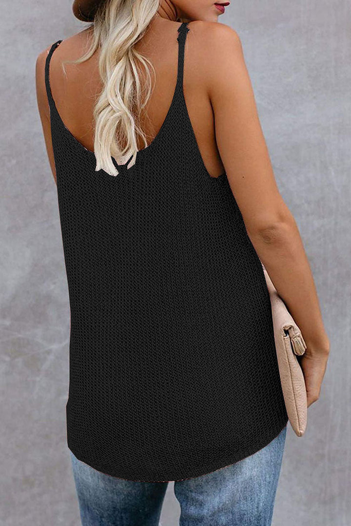 Elegante blusa senza maniche con inserti in tricot e colletto a U per donna