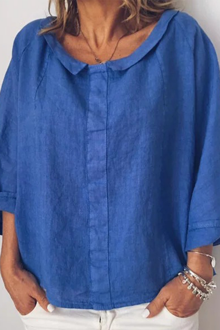 Elegante top da donna in morbido cotone - oversize con scollo rotondo e maniche a 3/4 per il massimo comfort