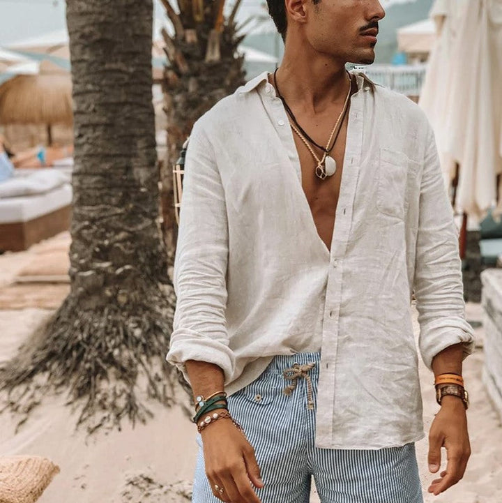 Gilet elegante da uomo a maniche lunghe in tessuto naturale di algodon e lino - taglio regolabile e casual con stivali