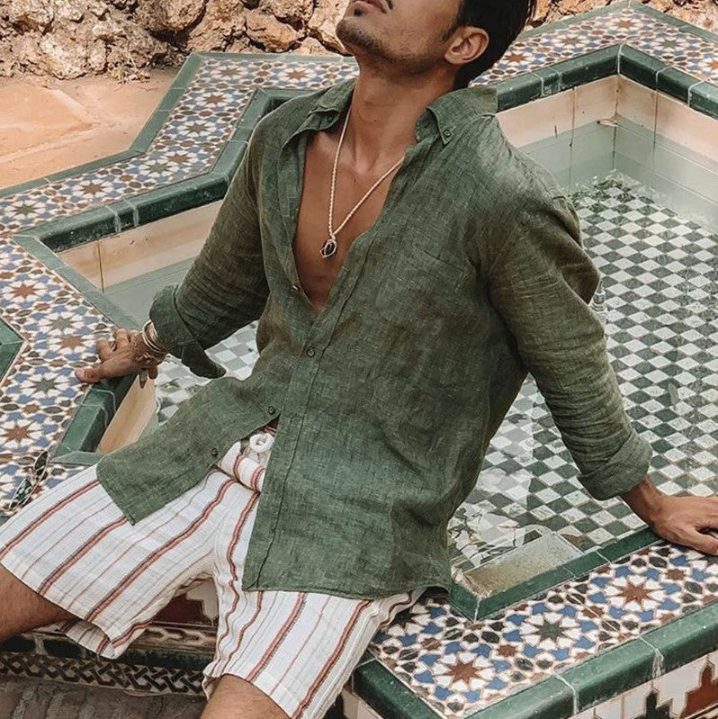 Gilet elegante da uomo a maniche lunghe in tessuto naturale di algodon e lino - taglio regolabile e casual con stivali