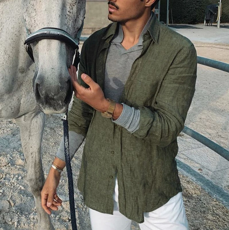 Gilet elegante da uomo a maniche lunghe in tessuto naturale di algodon e lino - taglio regolabile e casual con stivali