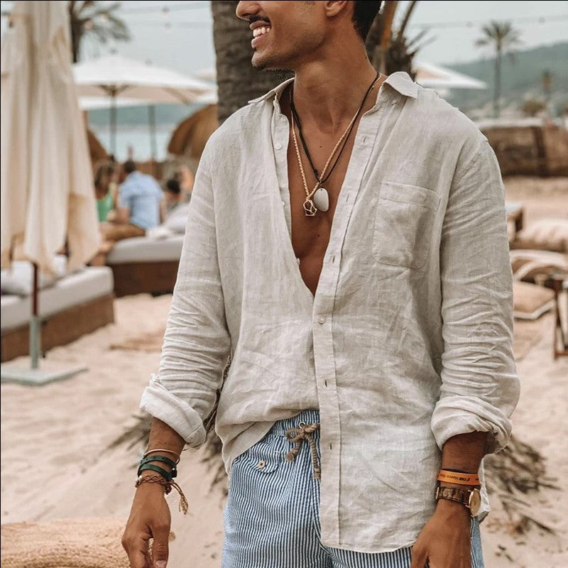Gilet elegante da uomo a maniche lunghe in tessuto naturale di algodon e lino - taglio regolabile e casual con stivali