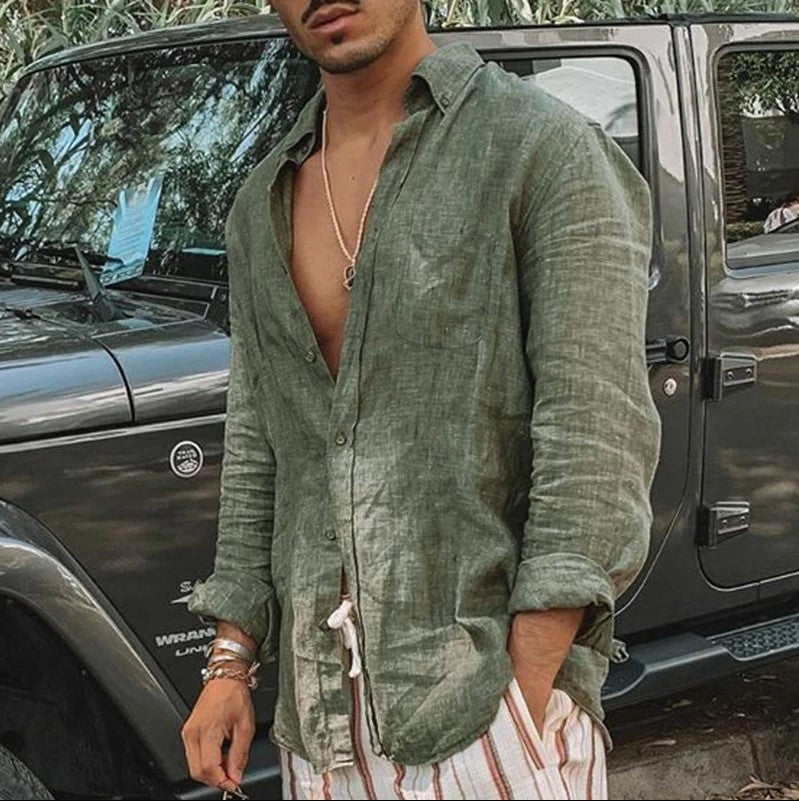 Gilet elegante da uomo a maniche lunghe in tessuto naturale di algodon e lino - taglio regolabile e casual con stivali