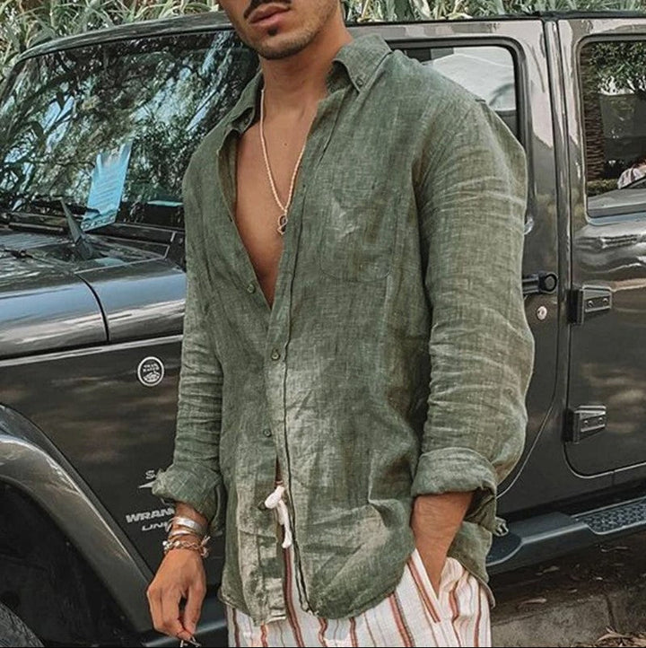 Gilet elegante da uomo a maniche lunghe in tessuto naturale di algodon e lino - taglio regolabile e casual con stivali