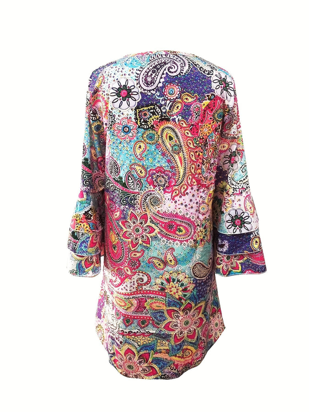 Elegante accappatoio da donna con scollo a punta, polsini lunghi, pratica zip ed elegante motivo paisley bohème