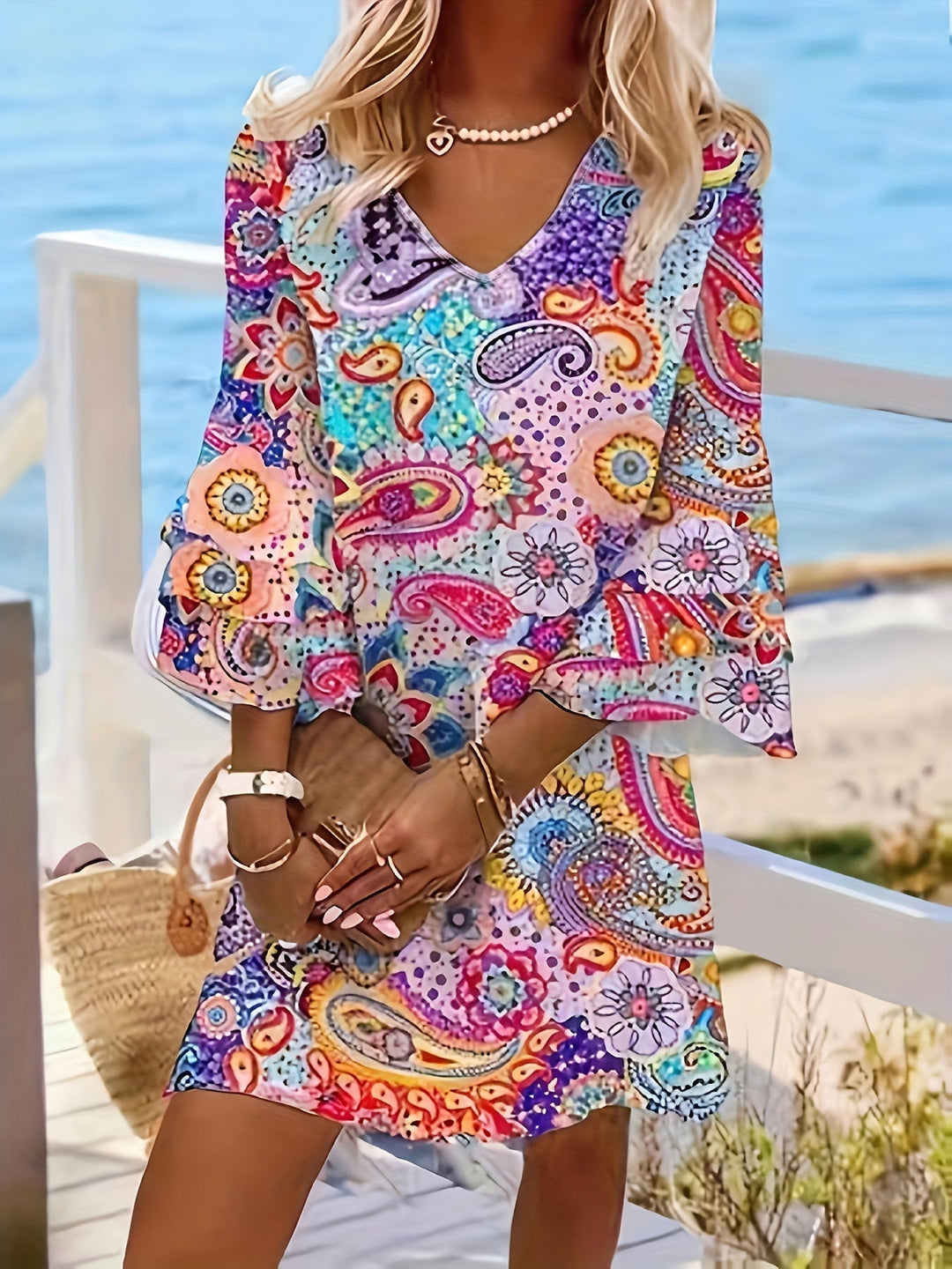 Elegante accappatoio da donna con scollo a punta, polsini lunghi, pratica zip ed elegante motivo paisley bohème